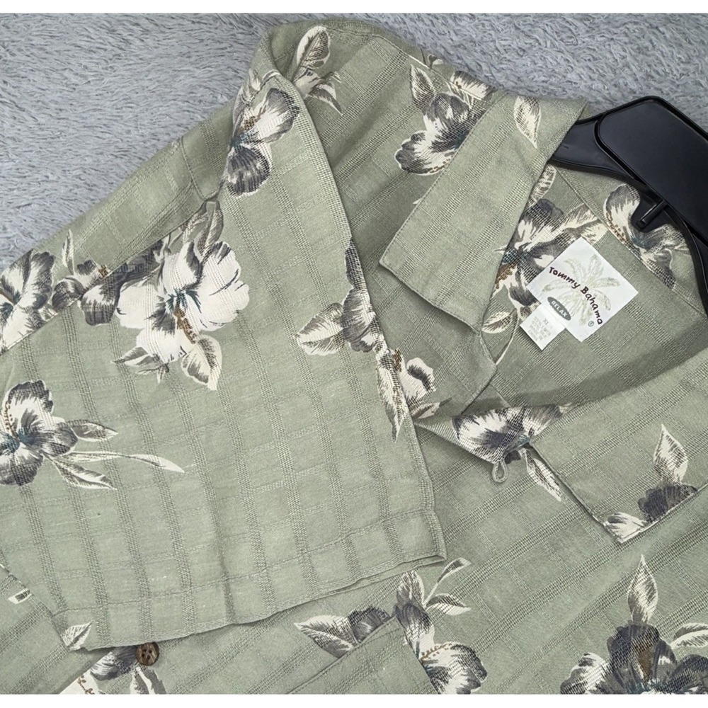 Vintage Tommy Bahama Mens Short Sleeve Silk linen Shirt XL Floral Green